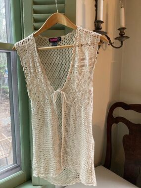 VTG Say What 90s Crochet Vest Cardigan XL Boho Y2K festival natural fibers beach